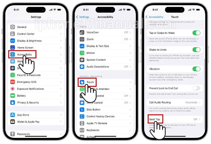 set up back tap on iphone 17